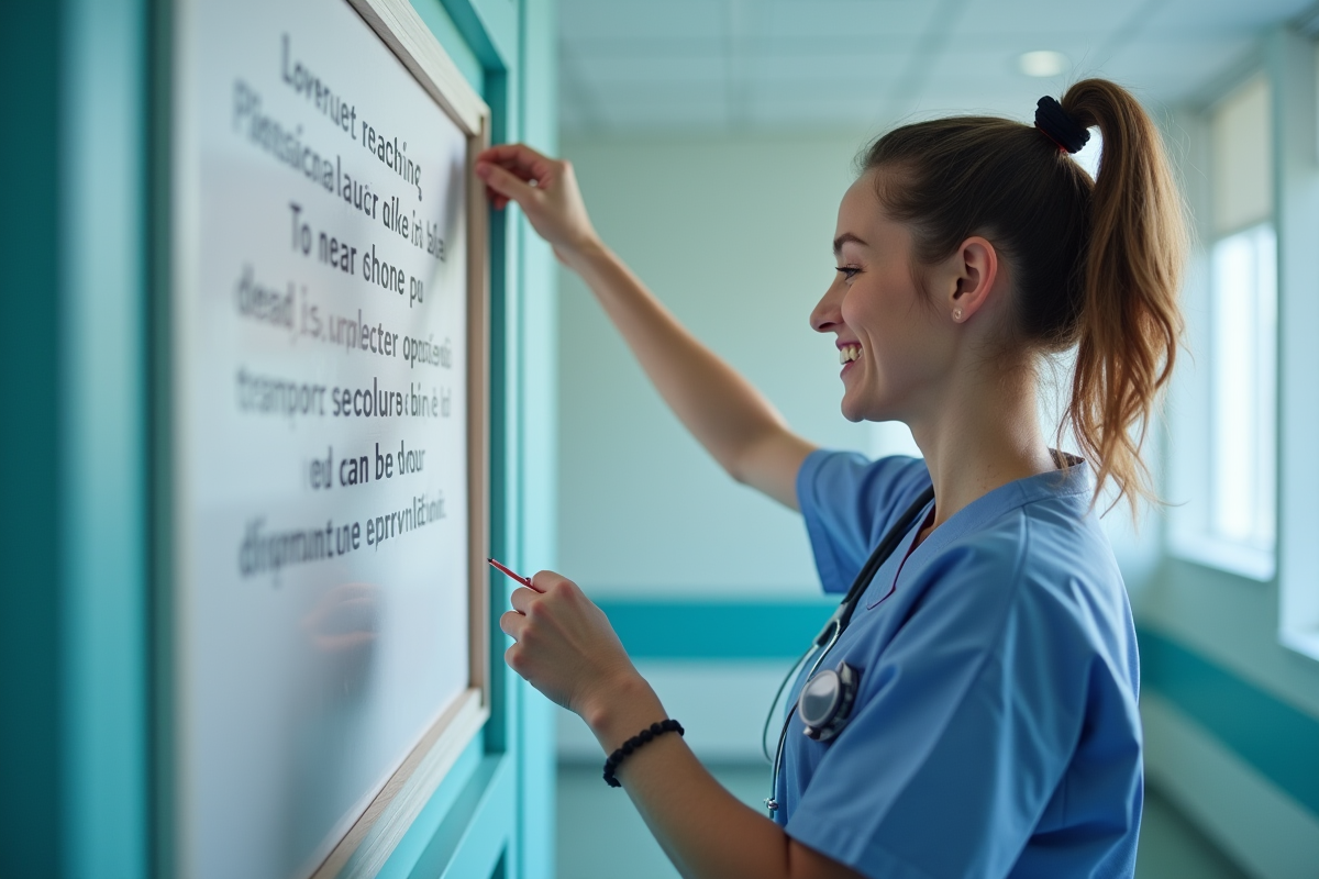 Infirmière souriante affichant une citation inspirante dans l'hôpital