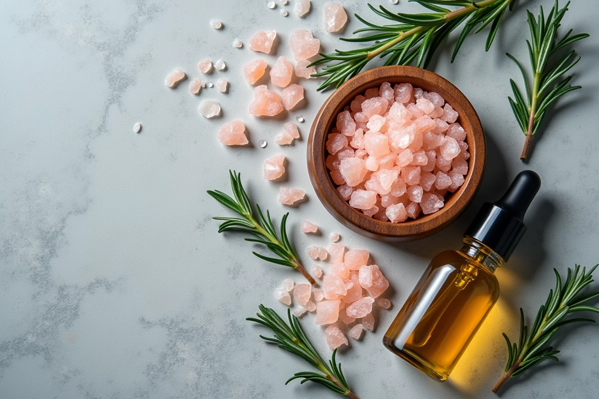 Composition à plat avec sel rose de l'Himalaya, huile capillaire et romarin pour un soin naturel des cheveux