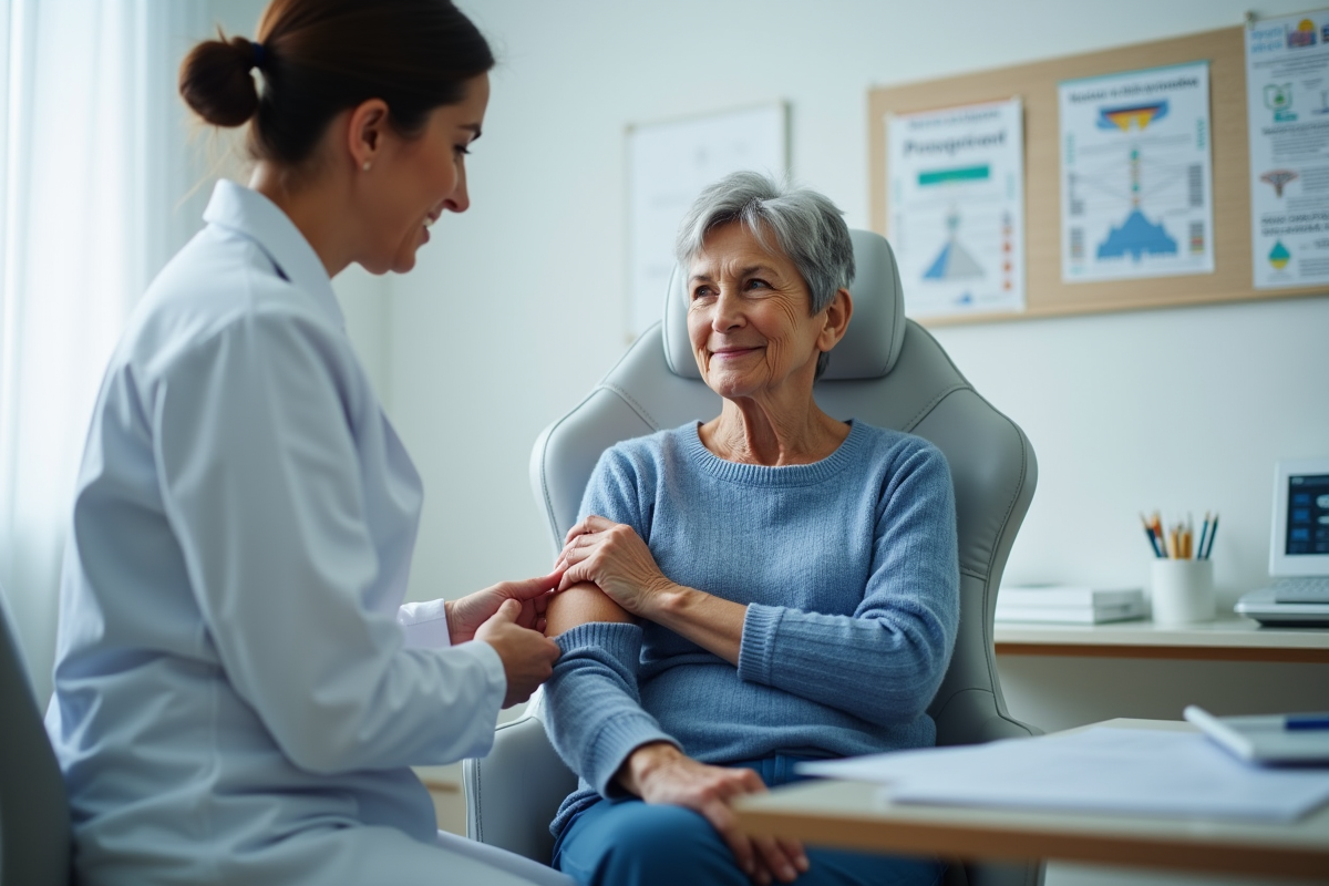 Femme d'âge moyen recevant une injection dans une clinique française