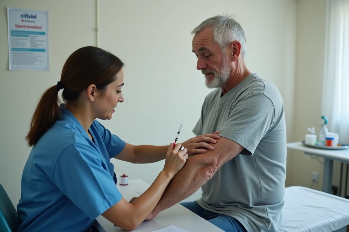 Un homme senior recevant une injection du vaccin contre le zona dans un cabinet médical ou centre de vaccination