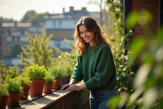 Femme en pull vert cultivant des herbes sur un balcon ensoleille