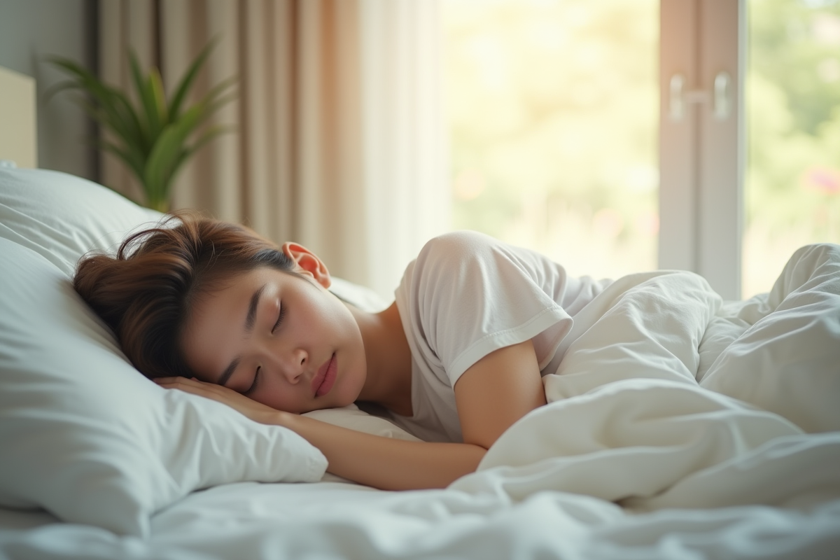 Jeune adulte dormant paisiblement dans une chambre lumineuse