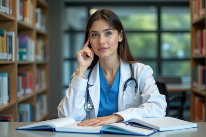 Jeune &eacute;tudiante m&eacute;dicale en blouse blanche dans une biblioth&egrave;que