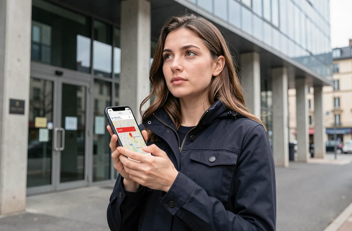 Jeune femme devant un bâtiment administratif à Lyon consultant l'adresse de la CPAM sur son téléphone