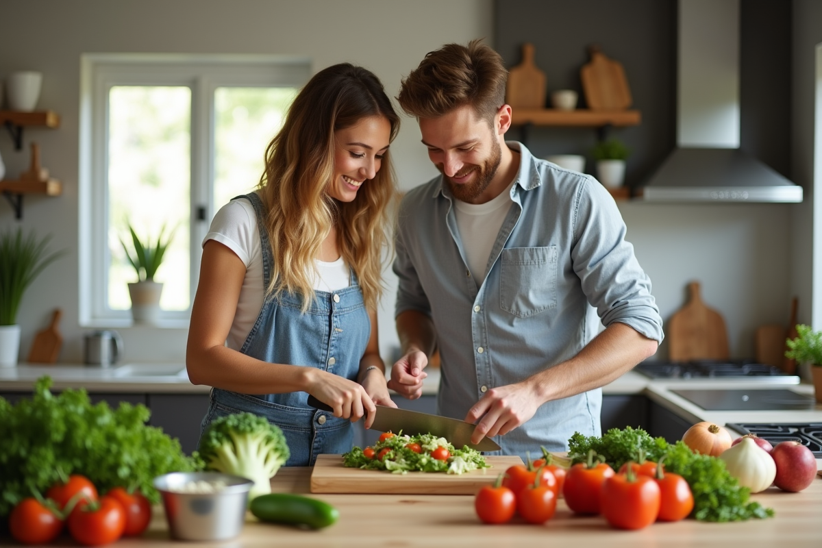 Jeune femme et homme préparant une salade dans la cuisine