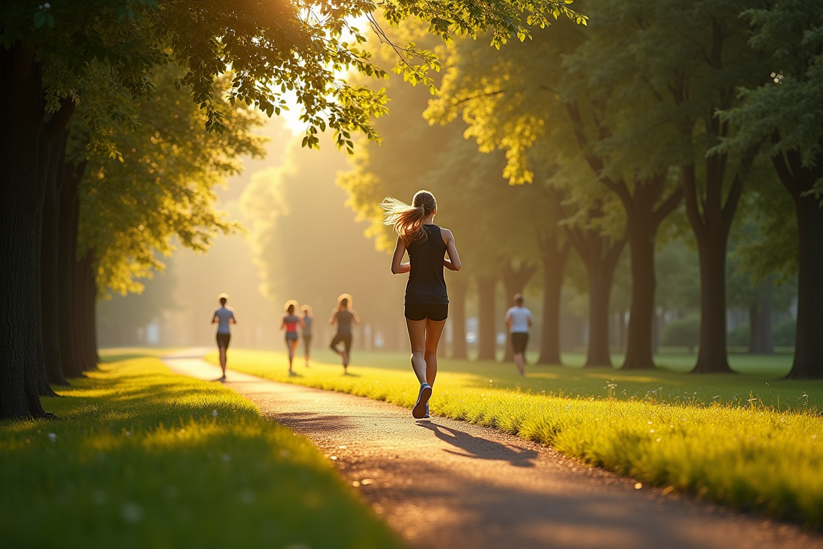 Jeune femme courant dans un parc au matin ensoleille