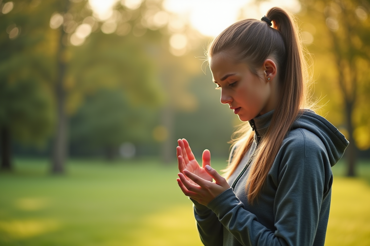 Jeune femme en plein air regardant ses mains froides et pale
