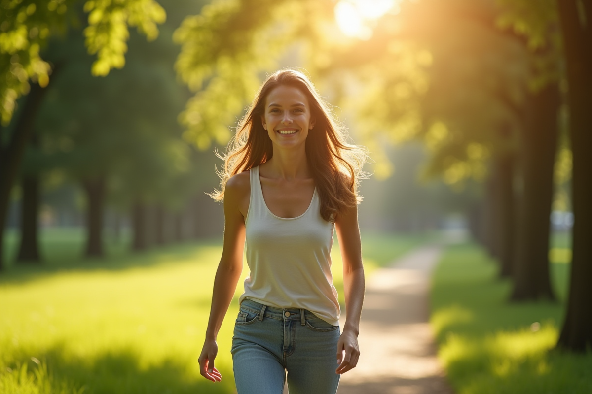 Jeune femme souriante marchant dans un parc ensoleille