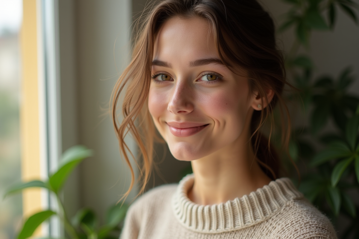 Jeune femme souriante avec peau saine et lumineuse près d'une fenêtre