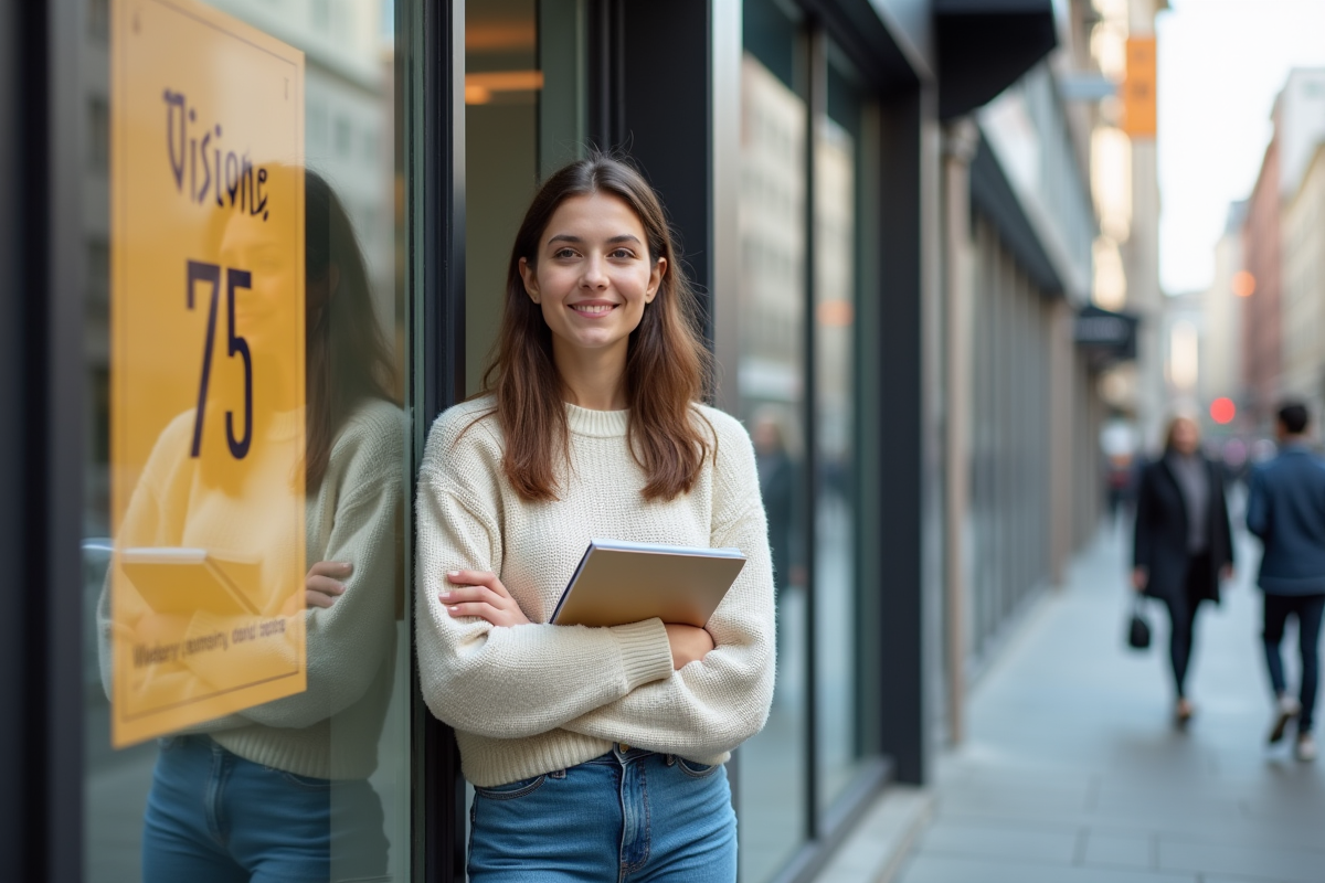 Jeune femme souriante devant une affiche vision 75 en extérieur
