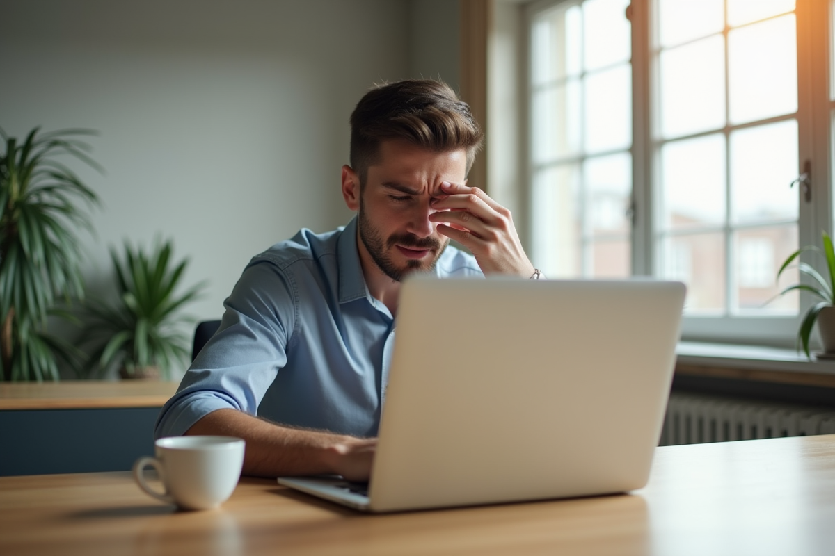 Jeune homme au bureau lumineux se frottant les yeux