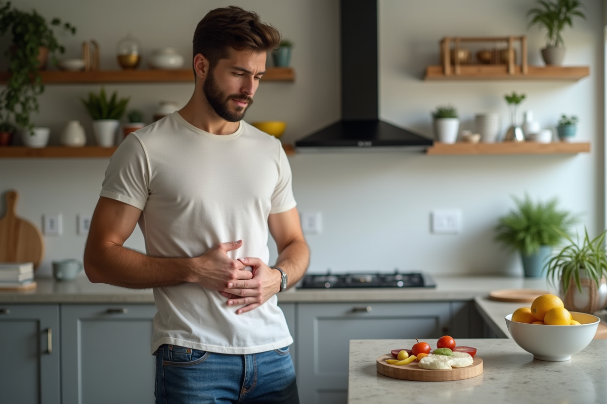 Jeune homme lisant une étiquette dans la cuisine moderne