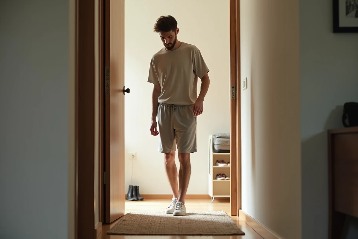 Jeune homme en short v&eacute;rifiant son pas &agrave; l