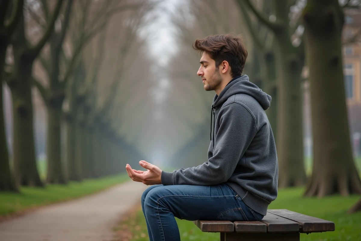 Jeune homme méditant sur un banc dans un parc