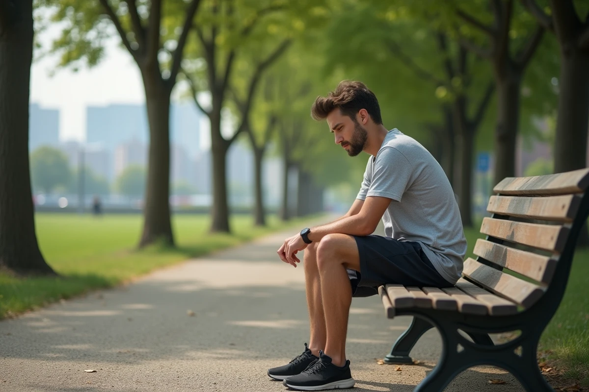 Jeune homme assis sur un banc dans un parc en r&eacute;flexion