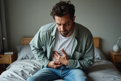 Jeune homme assis sur le lit avec expression de fatigue