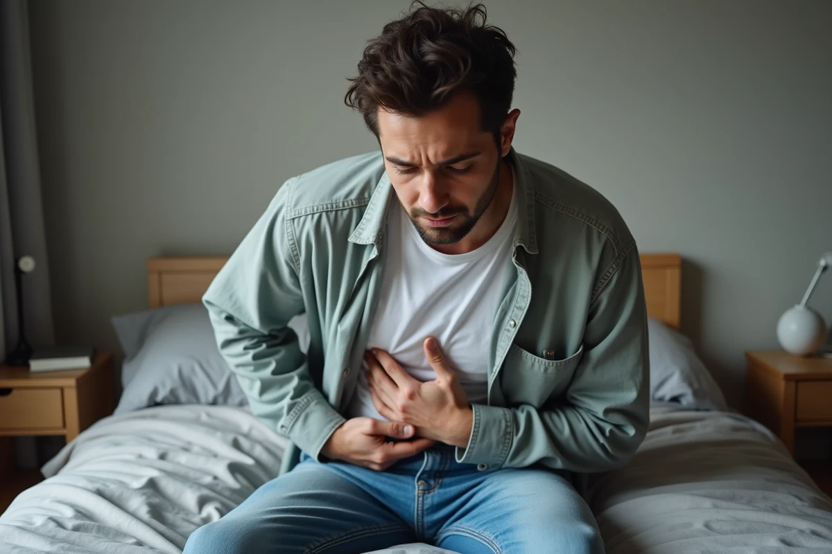 Jeune homme assis sur le lit avec expression de fatigue