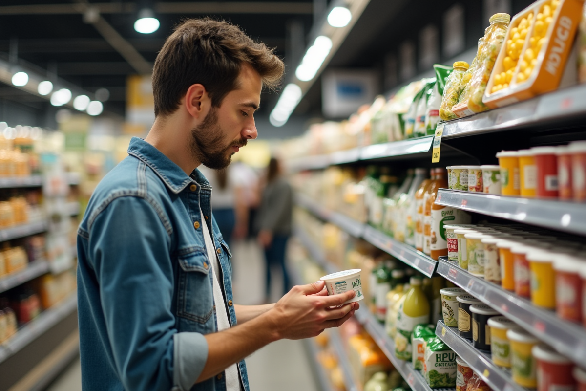 Jeune homme examinant un yaourt dans un supermarché bio