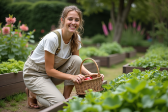 Jeune femme cultivant un jardin en plein air avec un panier