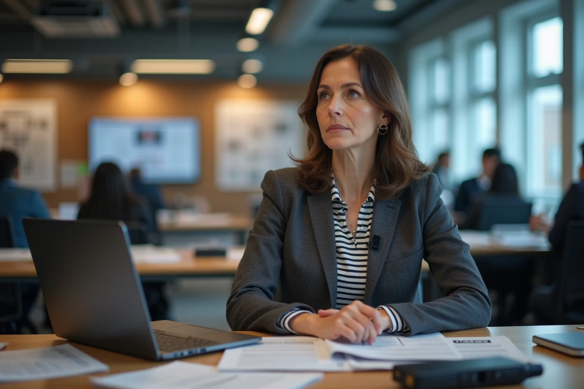 Journaliste en salle de rédaction entourée de documents de presse, représentant les questions éthiques et légales liées à la couverture médiatique de la santé d'une figure publique