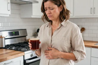 Femme tenant son estomac avec une expression d'inconfort après avoir bu du jus de tamarin dans une cuisine moderne