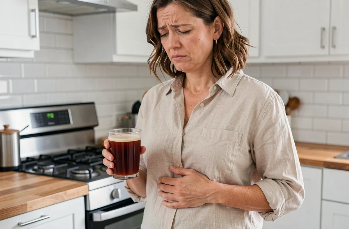 Femme tenant son estomac avec une expression d'inconfort après avoir bu du jus de tamarin dans une cuisine moderne