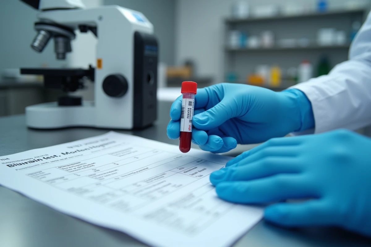 Technicien de laboratoire manipulant un tube d'analyse sanguine avec rapport de bilirubine, illustrant les tests biologiques utilisés pour diagnostiquer la maladie de Gilbert et écarter un cancer du foie