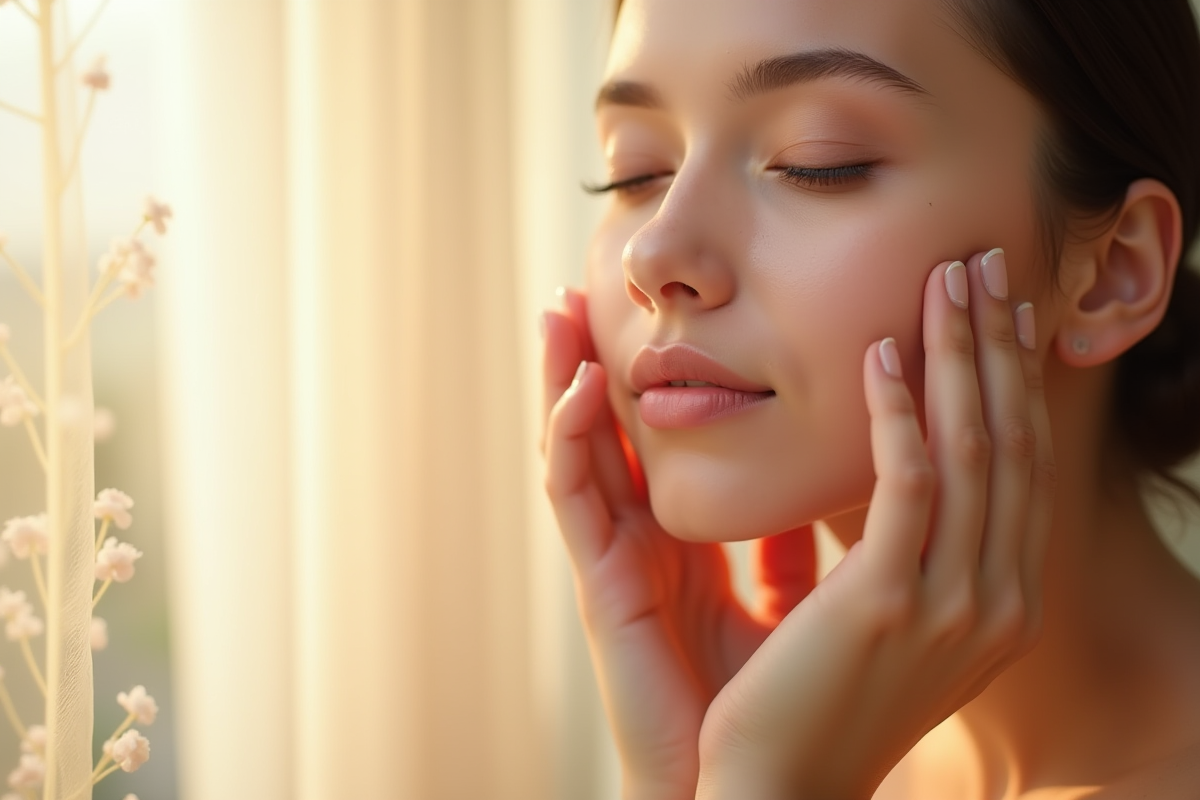 Mains touchant une peau éclatante et hydratée sous la lumière du soleil