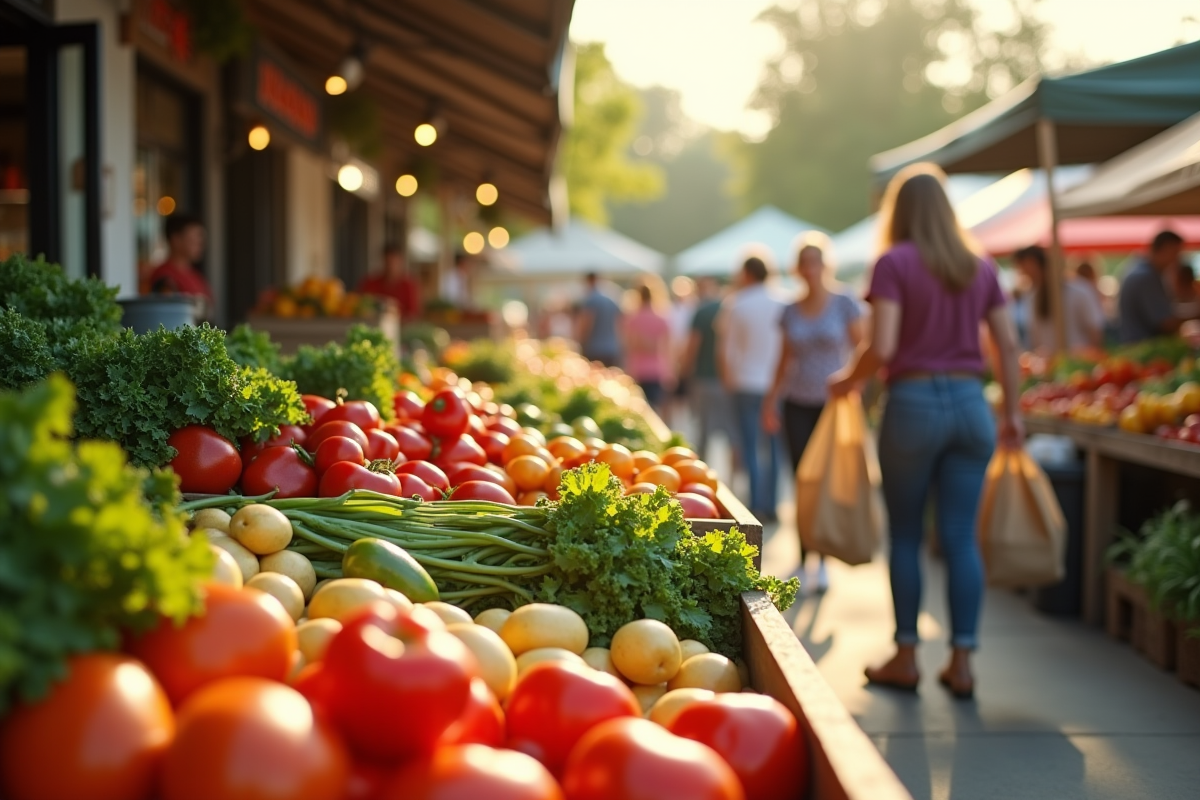 Marché agricole coloré avec fruits et légumes bio