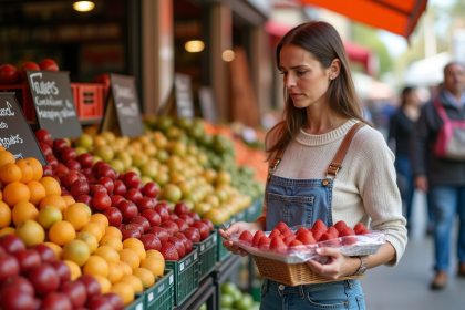 Femme au marché de fruits regardant des fraises emballées