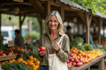 Femme au marché bio examine une pomme avec attention