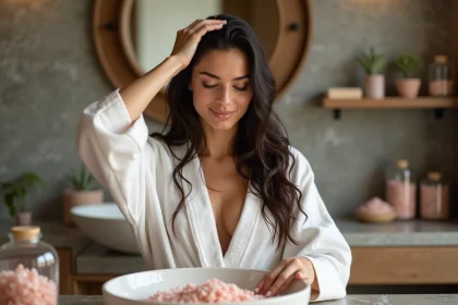 Femme appliquant du sel rose de l'Himalaya en massage sur son cuir chevelu dans une salle de bain naturelle et apaisante