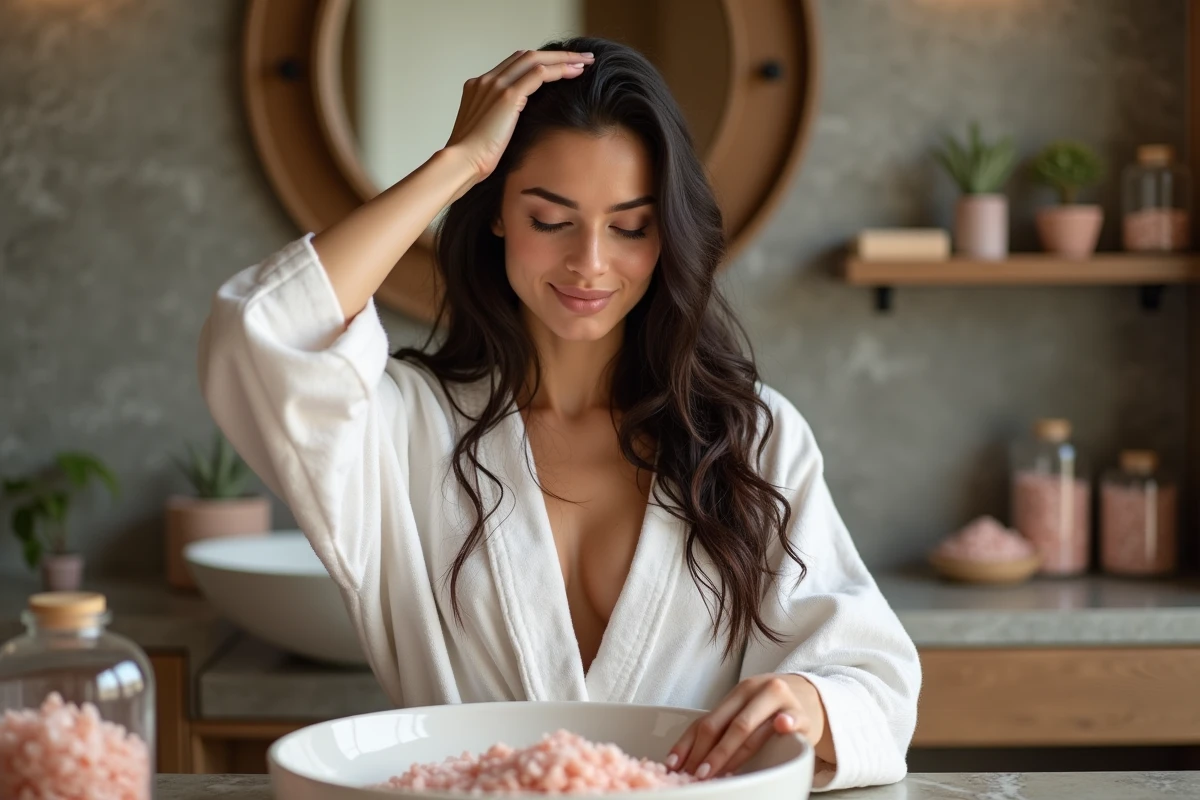 Femme appliquant du sel rose de l'Himalaya en massage sur son cuir chevelu dans une salle de bain naturelle et apaisante
