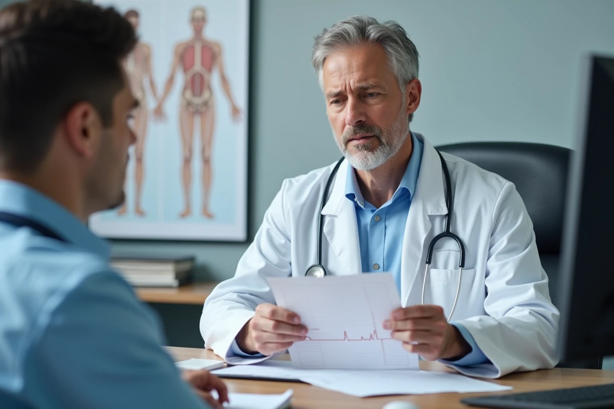 Médecin cardiologue analysant un électrocardiogramme lors d'une consultation pour distinguer extrasystoles cardiaques et digestives