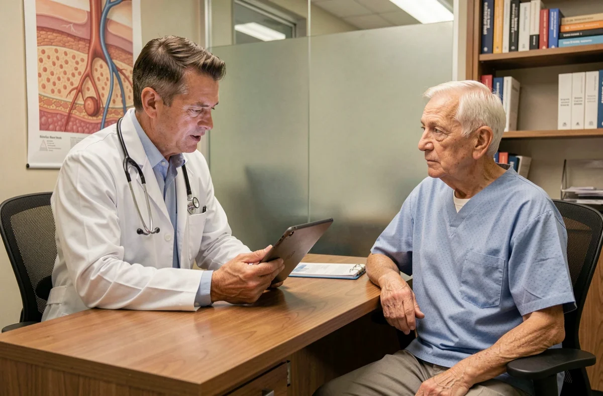 Médecin en blouse blanche consultant un patient âgé sur le suivi d'une escarre post-opératoire lors d'une consultation médicale