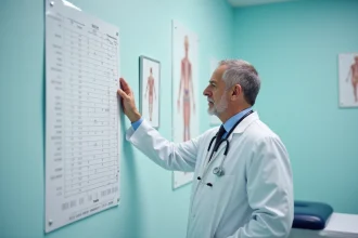 Médecin consultant un graphique de courbe de croissance dans un cabinet pédiatrique pour diagnostiquer une petite taille