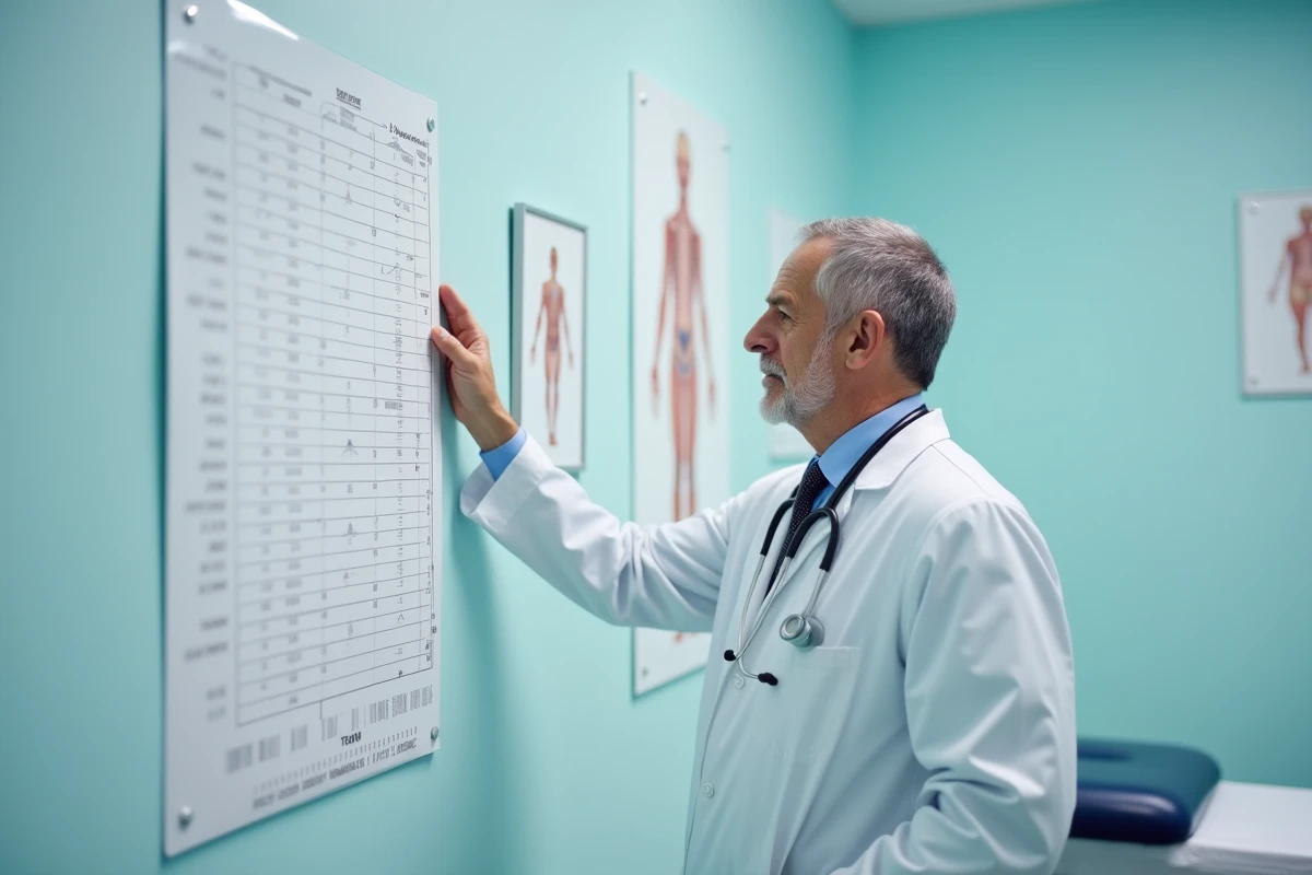 Médecin consultant un graphique de courbe de croissance dans un cabinet pédiatrique pour diagnostiquer une petite taille