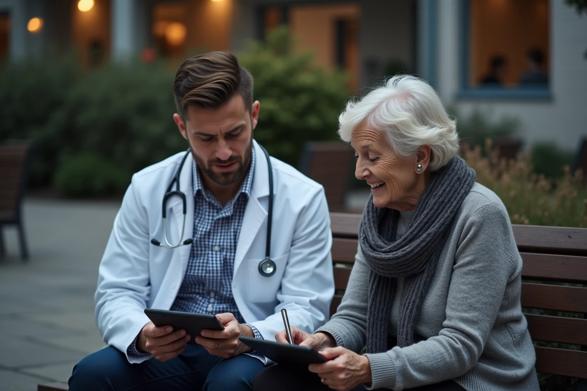 Jeune médecin note sur une tablette dans cour extérieure