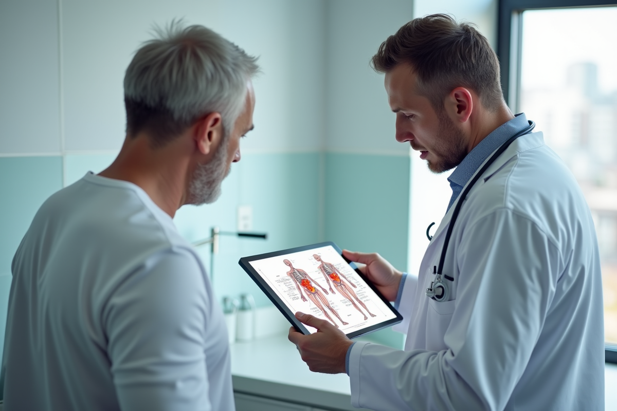 Medecin montrant un diagramme au patient dans une clinique lumineuse