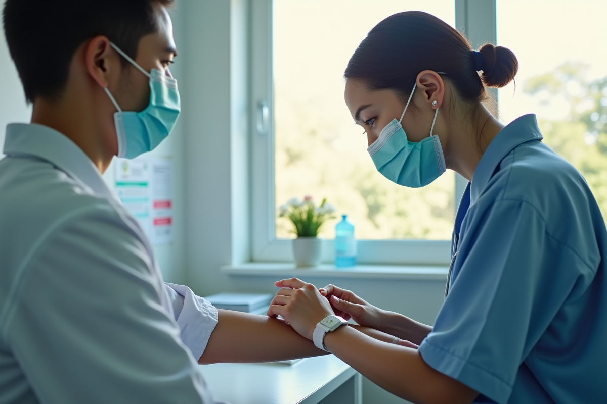 Médecin femme examinant un bras pour la fièvre jaune dans une clinique
