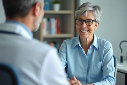 Femme senior souriante avec docteur dans cabinet médical