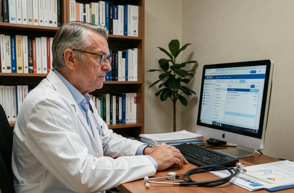 Médecin généraliste dans son cabinet consultant un logiciel de prise de rendez-vous, contexte de pénurie de médecins en France