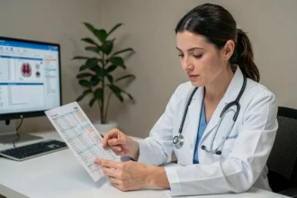 Médecin femme examinant un résultat d'hémogramme avec les valeurs TCMH dans un cabinet médical moderne