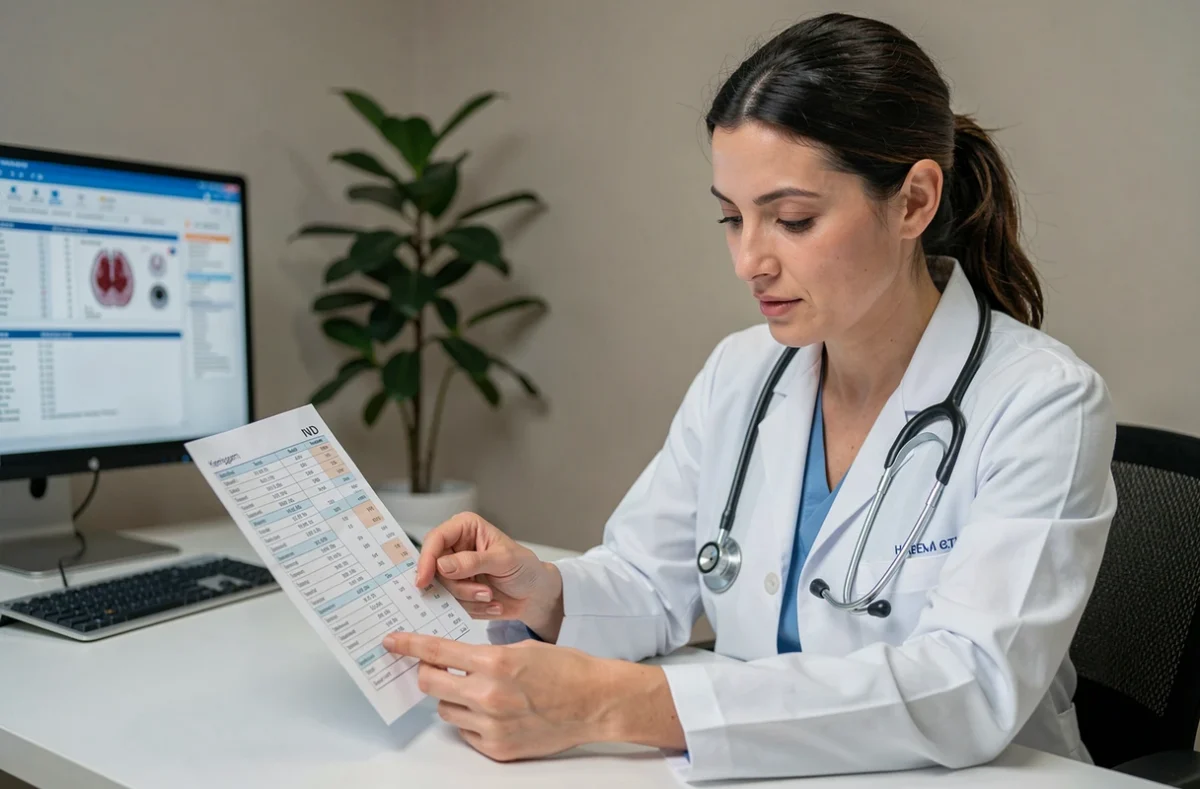 Médecin femme examinant un résultat d'hémogramme avec les valeurs TCMH dans un cabinet médical moderne