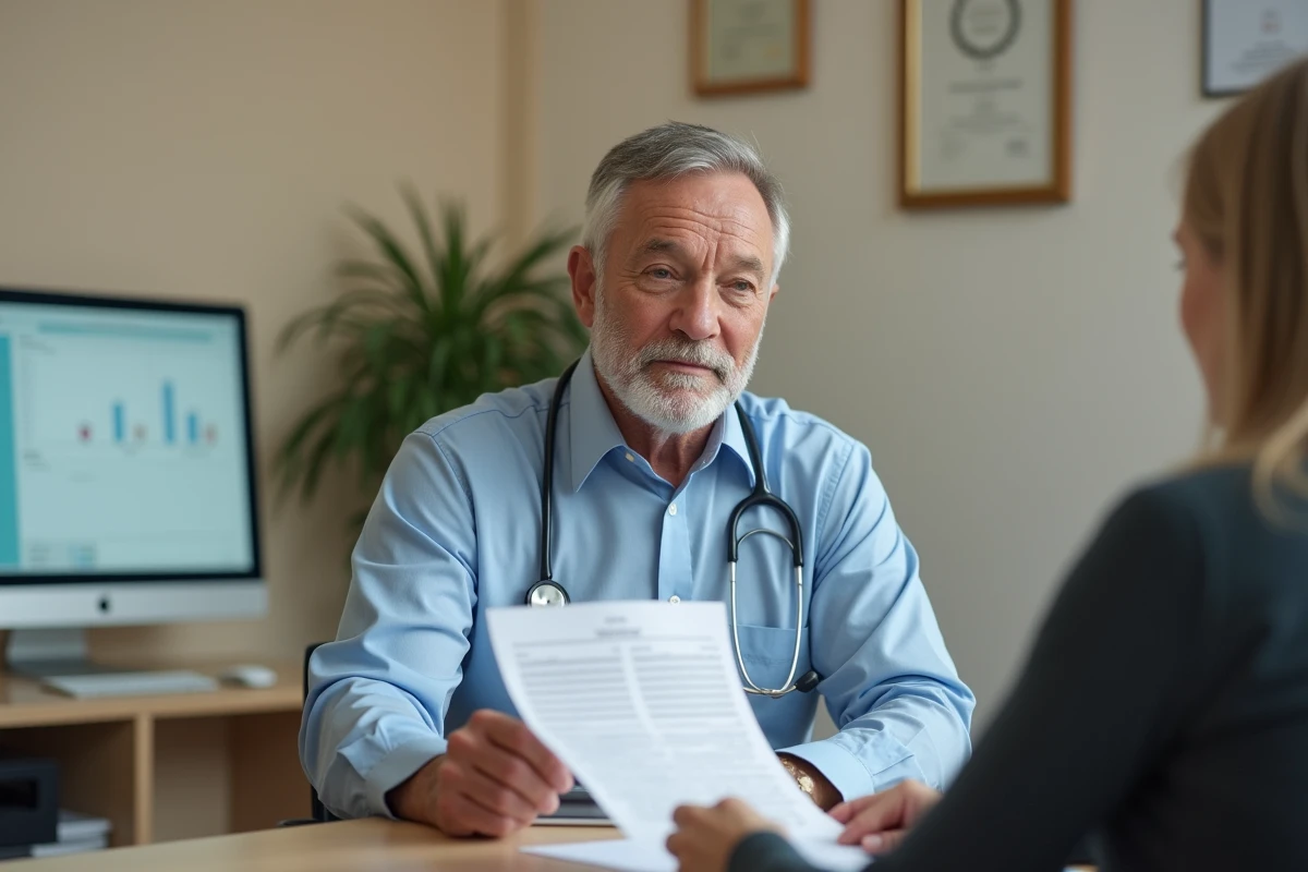 Médecin généraliste analysant des résultats d'analyse sanguine avec un patient en cabinet médical