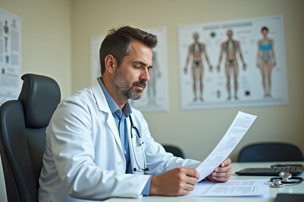 Médecin consultant des résultats d'imagerie hépatique dans un cabinet médical, illustrant le diagnostic différentiel entre maladie de Gilbert et pathologies du foie