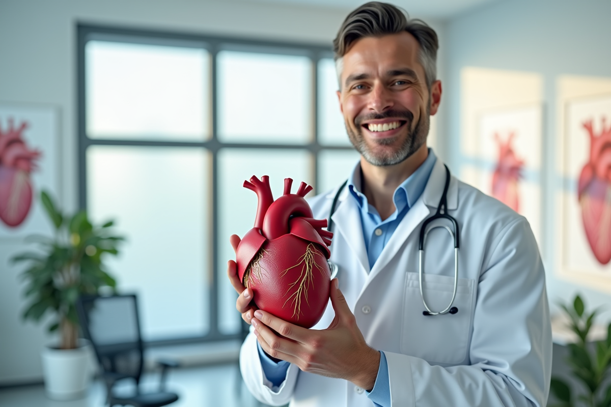 Médecin souriante tenant un modèle de cœur détaillé dans un cabinet moderne