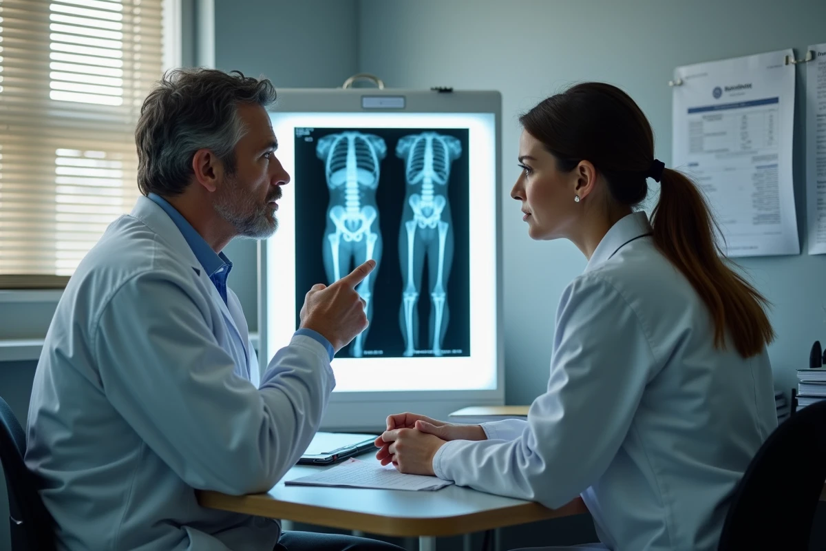 Deux médecins analysant des radiographies osseuses et des données cliniques pour évaluer un diagnostic de nanisme ou petite taille