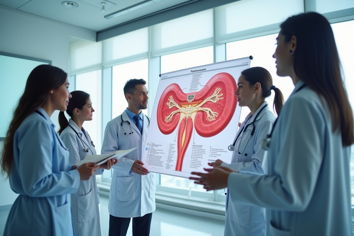 Médecins discutant d un diagramme du pancréas en classe