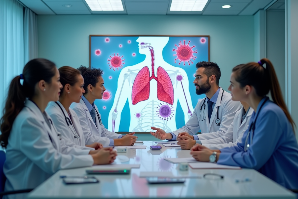Groupe de médecins discutant d'un poster de poumons et virus